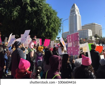 Los Angeles, California / USA - January 20 2018: Womens March Protestors at Los Angeles City Hall