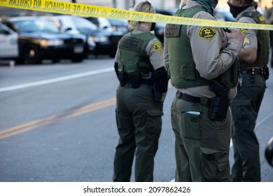Los Angeles, California, USA - January 20, 2021: Los Angeles County Sheriff officers respond to an incident.