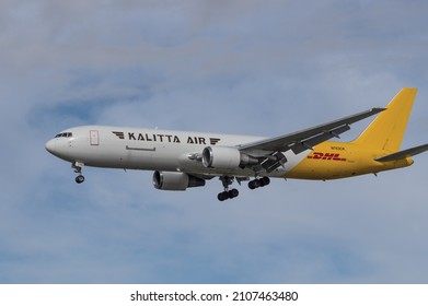 Los Angeles, California, USA - January 16, 2022: image of DHL Kalitta Boeing 767-300(F) with registration N763CK shown approaching LAX, Los Angeles International Airport.