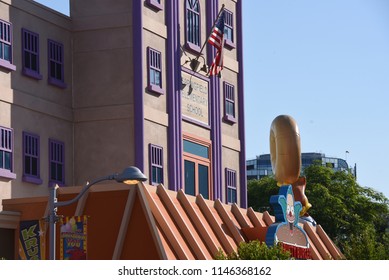 Los Angeles, California, USA -July 30, 2018: Detail From Springfield Of Simpsons Ride At Universal Studios Of Hollywood,  Los Angeles, CA
