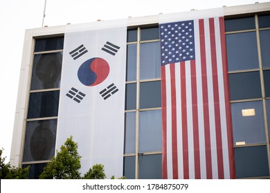 Los Angeles, California, USA - July 24, 2020: late afternoon view towards Consulate General of the Republic of Korea on Wilshire Blvd Koreatown LA.

