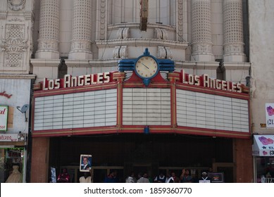 Los Angeles, California, USA - July 11 2010: Marquee of Los Angeles Theatre Building on Broadway in Downtown LA. Wide exterior shot, daytime. Marquee is blank.