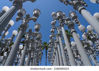 Los Angeles, California, USA - July 11, 2022: Urban Light sculpture by Chris Burden located at the entrance to the Los Angeles County Museum of Art in Los Angeles, CA, USA.
