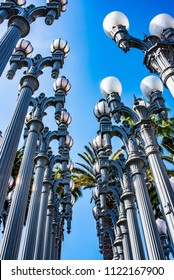 Los Angeles, California / USA - June 23 2018: Urban Lights by Chris Burden featuring two-hundred and two restored cast iron antique street lamps at the Los Angeles Contemporary Art Museum (LACMA). 