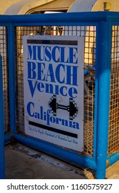 Los Angeles, California, USA, JUNE, 15, 2018: Venice Beach, Muscle Beach Sign Welcomes Visitors To The Famous Town In Los Angeles, Where Bodybuilders Workout And Lift Weights