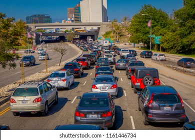 Los Angeles, California, USA, JUNE, 15, 2018: Rush hour with cars and generic vehicles - Traffic jam in Los Angeles downtown, real life transportation concept
