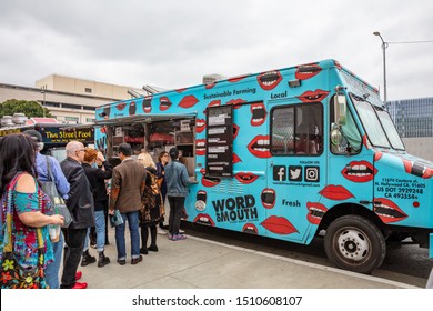 Los Angeles, California USA. June 2, 2019. Street Food. Food Truck And People Waiting In The City Center