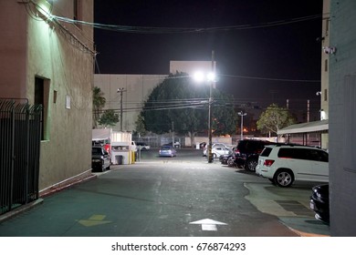 Los Angeles, California, USA - JUNE 24, 2017: Dark Alley At Night On Hollywood Boulevard