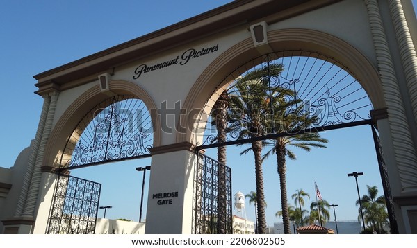 Los\
Angeles, California, USA, June 21, 2022: Paramount Pictures\' Gate\
and sign. Paramount Pictures Corporation is an American film and\
television production and distribution\
company.