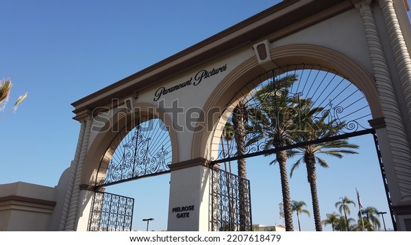 Los\
Angeles, California, USA, June 21, 2022: Paramount Pictures\' Gate\
and sign. Paramount Pictures Corporation is an American film and\
television production and distribution\
company.