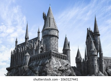 Los Angeles, California, USA -March 28, 2018: Hogwarts Castle, The Wizard World of Harry Potter in Universal Studios Hollywood at Los Angeles, CA