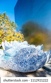 Los Angeles, California / USA - March 4 2018: A Large Fountain Made Out Of Blue Delft Porcelain Is Frank Gehry's Tribute To Lillian Disney In The Blue Ribbon Garden At The Walt Disney Concert Hall. 