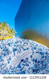 Los Angeles, California / USA - March 4 2018: A Large Fountain Made Out Of Blue Delft Porcelain Is Frank Gehry's Tribute To Lillian Disney In The Blue Ribbon Garden At The Walt Disney Concert Hall. 