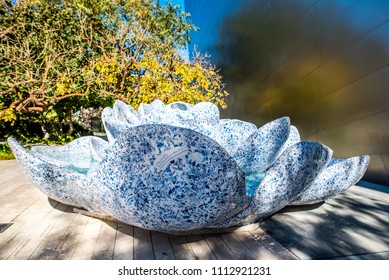 Los Angeles, California / USA - March 4 2018: A Large Fountain Made Out Of Blue Delft Porcelain Is Frank Gehry's Tribute To Lillian Disney In The Blue Ribbon Garden At The Walt Disney Concert Hall. 