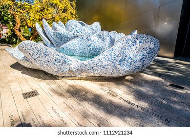 Los Angeles, California / USA - March 4 2018: A Large Fountain Made Out Of Blue Delft Porcelain Is Frank Gehry's Tribute To Lillian Disney In The Blue Ribbon Garden At The Walt Disney Concert Hall. 