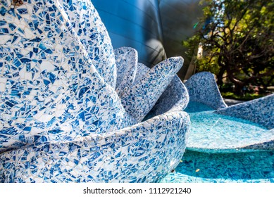 Los Angeles, California / USA - March 4 2018: A Large Fountain Made Out Of Blue Delft Porcelain Is Frank Gehry's Tribute To Lillian Disney In The Blue Ribbon Garden At The Walt Disney Concert Hall. 