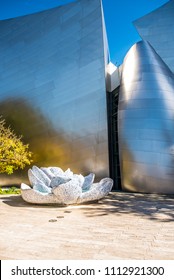 Los Angeles, California / USA - March 4 2018: A Large Fountain Made Out Of Blue Delft Porcelain Is Frank Gehry's Tribute To Lillian Disney In The Blue Ribbon Garden At The Walt Disney Concert Hall. 