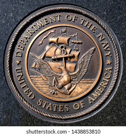 Los Angeles, California  USA - March 12 2019: U.S. Navy Emblem, Crest Or Plaque On Black Granite Background