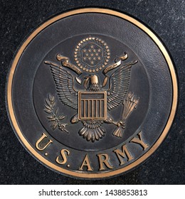 Los Angeles, California  USA - March 12 2019: U.S. Army Emblem, Crest Or Plaque On Black Granite Background