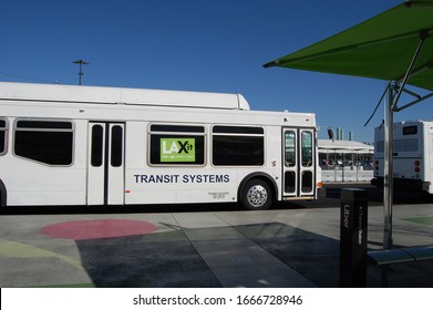 Los Angeles, California/ USA -March 3, 2020: LAX Free Airport shuttle bus called LAXit to take passengers to staging location for taxi, uber lyft opoli - no pick at terminal due to construction 