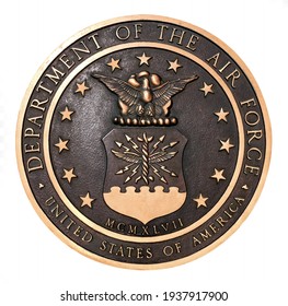 Los Angeles, California  USA - March 12 2019: U.S. Air Force emblem, crest or plaque on white background