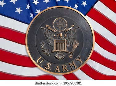 Los Angeles, California USA - March 12 2019: U.S. Army Logo Or Emblem On American Flag Background	