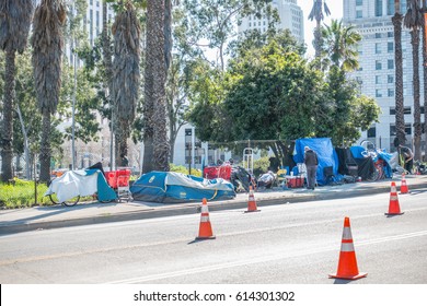 Los Angeles, California, USA, March 01, 2017: Tents of homeless people in downtown, homelessness problem in  LA