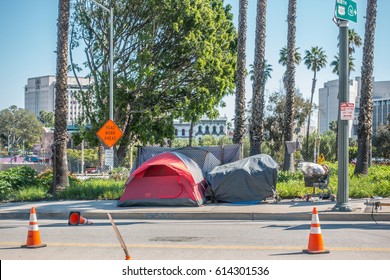 Los Angeles, California, USA, March 01, 2017: Tents of homeless people in downtown, homelessness problem in  LA