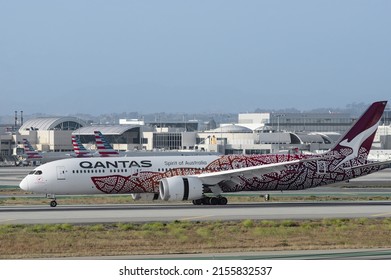 Los Angeles, California, USA - May 8, 2022: image of Qantas Boeing 787-9 with registration VH-ZND shown taxiing shortly after landing at LAX. Special livery honoring Aboriginal Australians.