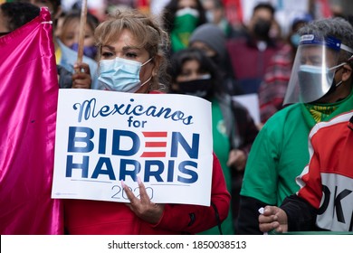 Los Angeles, California / USA - November 7, 2020: Latinos Celebrate The News Of Joseph Biden’s Electoral Achievement In Downtown Los Angeles.