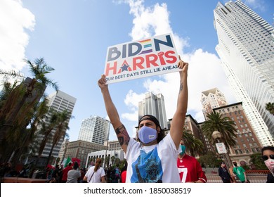 Los Angeles, California / USA - November 7, 2020: Latinos Celebrate The News Of Joseph Biden’s Electoral Achievement In Downtown Los Angeles.