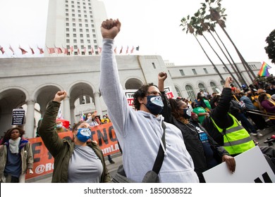 Los Angeles, California / USA - November 7, 2020: Latinos Celebrate The News Of Joseph Biden’s Electoral Achievement In Downtown Los Angeles.