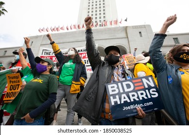 Los Angeles, California / USA - November 7, 2020: Latinos Celebrate The News Of Joseph Biden’s Electoral Achievement In Downtown Los Angeles.