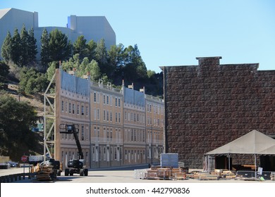 Los Angeles, California, USA - November 22, 2015: The shells or facades on a studio backlot are usually constructed without the back wall. Its interior is an unfinished space with no rooms.