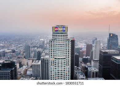 LOS ANGELES, CALIFORNIA / USA - OCTOBER 9, 2020: US Bank Tower From Above In The Evening