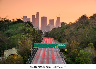 Los Angeles, California, USA Skyline And Highway.