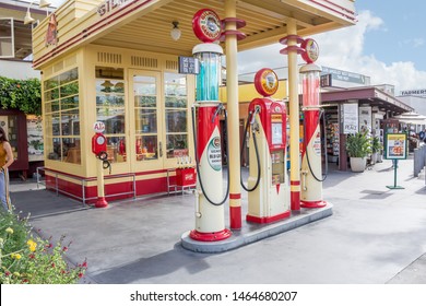 Los Angeles, California/United States - 06/11/2019: A Retro Gilmore Gasoline Station Facade At The Original Farmers Market