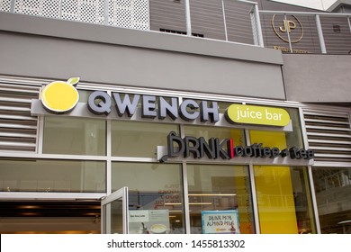 Los Angeles, California/United States - 06/25/2019: A Store Front Sign For A Combination Drink Restaurant Known As Qwench Juice Bar And DRNK Coffee And Tea, Located At The Bloc In Downtown LA