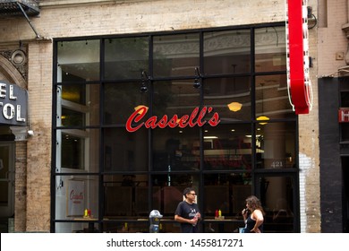 Los Angeles, California/United States - 06/25/2019: A Store Front Sign For The Restaurant Known As Cassell's Hamburgers In Downtown LA