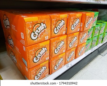 Los Angeles, California/United States - 07/22/2020: A View Of Several Cases Of Orange Crush Soda, On Display At A Local Grocery Store.