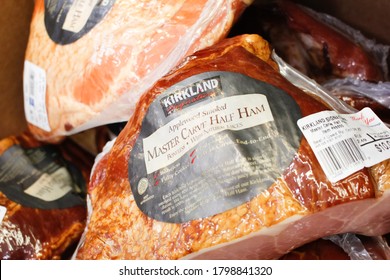 Los Angeles, California/United States - 07/22/2020: A View Of Several Packages Of Kirkland Signature Applewood Smoked Master Carve Half Ham, On Display At A Local Costco.