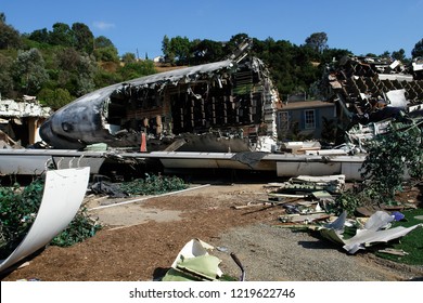 Los Angeles, California/USA - 04/21/2006: Airplane crash, wreck of a crashed aircraft, crash site and plane ruins of an aircraft crashed after a plane crash, Universal Studios of L.A.
