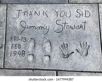 Los Angeles, California/USA. August 2nd, 2019. The Spot In The Pavement In Hollywood Where Jimmy Stewart’s Signature And Handprints And Footprints Are. Jimmy Is A Legendary Actor.