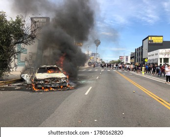 Los Angeles, California/USA, June 2020, A Car Burning On The Streets Of West Hollywood During The LA Riots 2020