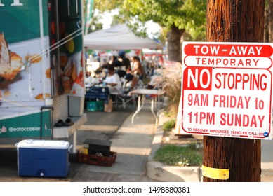 Los Angeles, California/USA-September 1, 2019: Red And White No Stopping Sign For A Neighborhood Block Party.