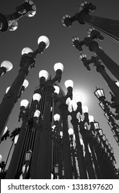 Los Angeles,  Calofornia - June 13th  2018: Urban Light assemblage sculpture by the artist Chris Burden at the Los Angeles County Museum of Art, Black & white