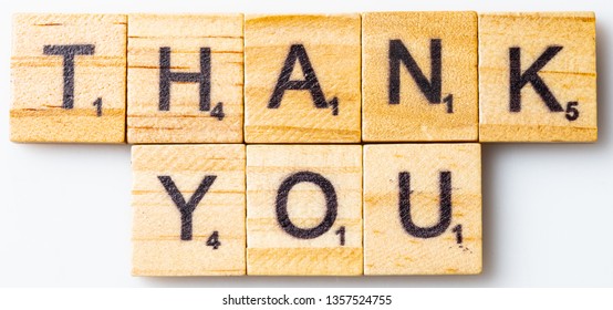 Los Angeles, CA/USA 02/26/2019 Word Thank You In Scrabble Tiles From Above On White Background