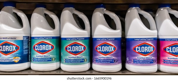 Los Angeles, CA/USA 02/28/2020 Plastic containers of Clorox brand disinfecting cleaner + bleach  for sale at a supermarket aisle