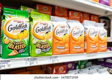 Los Angeles, CA/USA 07/23/2019 Packages Of Pepperidge Farm Goldfish Brand Baked Snack Crackers For Sale In A Supermarket Shelf