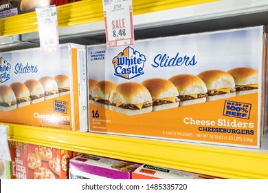 Los Angeles, CA/USA 08/16/2019 Carton Boxes Of White Castle Brand Cheese Sliders Cheeseburgers For Sale In A Supermarket Freezer